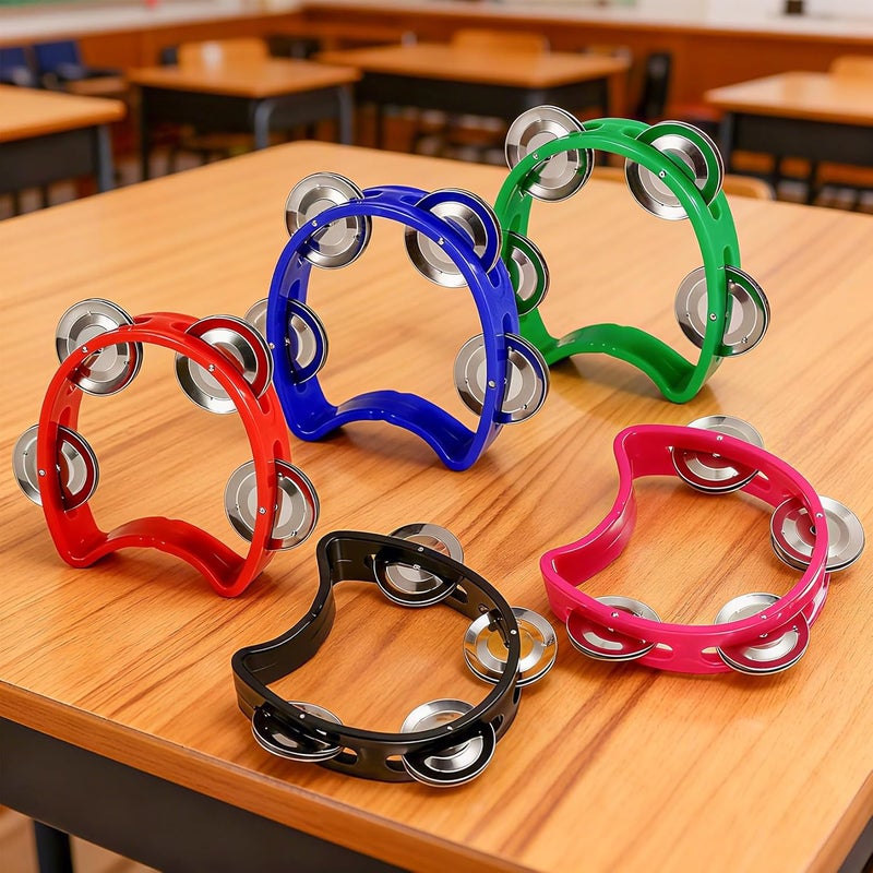 TENINYU Pack of 5 Half Moon Musical Tambourine, Double Row Metal 4 Jingle Bells Mini Hand Held Percussion Drum with Ergonomic Handle Grip (5 Color) - Image 2